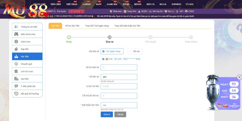 Hướng dẫn rút tiền tại MU88 nhanh gọn